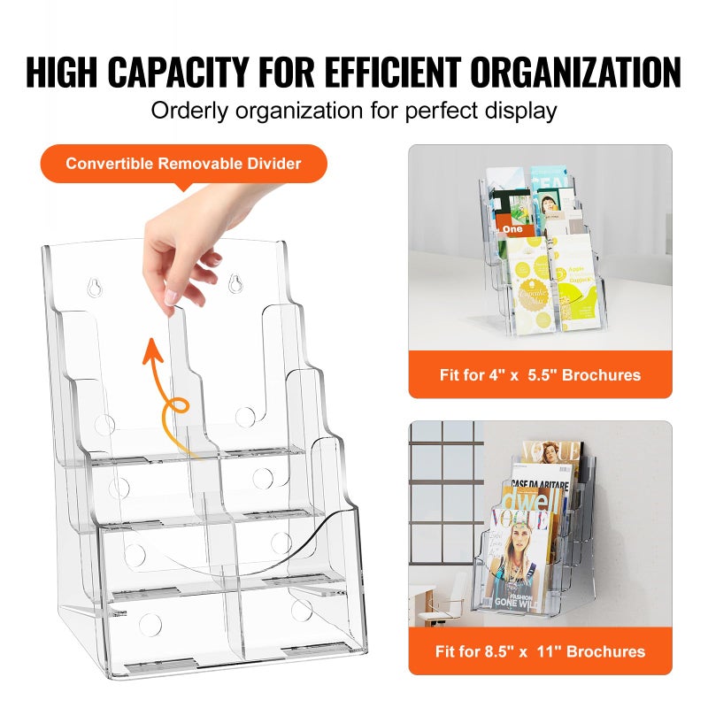 VEVOR Acrylic Brochure Holder 8.5 x 11 inch, 4-Tier Clear Acrylic Literature Display Stand, Plastic Literature Organizer Flyer Stand & Removable Divider for Office Exhibition, Countertop or Wall Mount - Image 3
