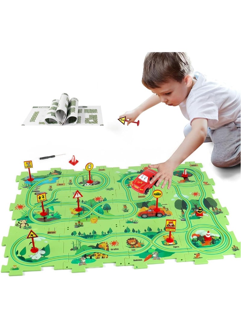 جورونب مجموعة ألعاب سيارات على شكل مسار ألغاز مكونة من 25 قطعة، عربة تجميع يدوية الصنع مع طائرة ولوحة ألغاز، مجموعة ألعاب سيارات على شكل مسار ألغاز ثلاثية الأبعاد، ألعاب مونتيسوري للأطفال بعمر 3 سنوات فما فوق - Image 1