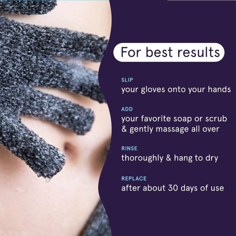 cleanlogic Detoxify Charcoal Infused Exfoliating Stretch Bath & Shower Gloves Assorted Colors, 3 Pair – 6 Count - Image 3