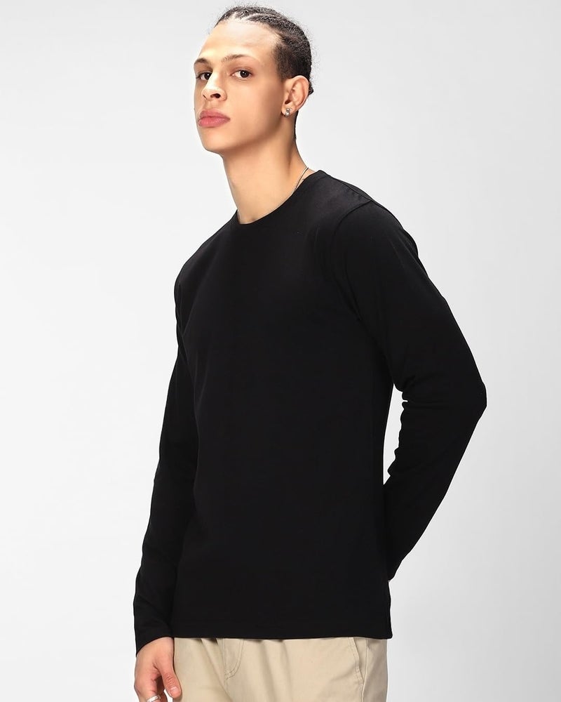 Bewakoof Men's Solid Regular Fit Full Sleeve Round Neck Cotton T-Shirt - Image 2