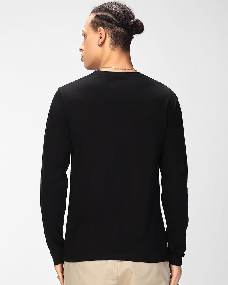 Bewakoof Men's Solid Regular Fit Full Sleeve Round Neck Cotton T-Shirt - Image 3