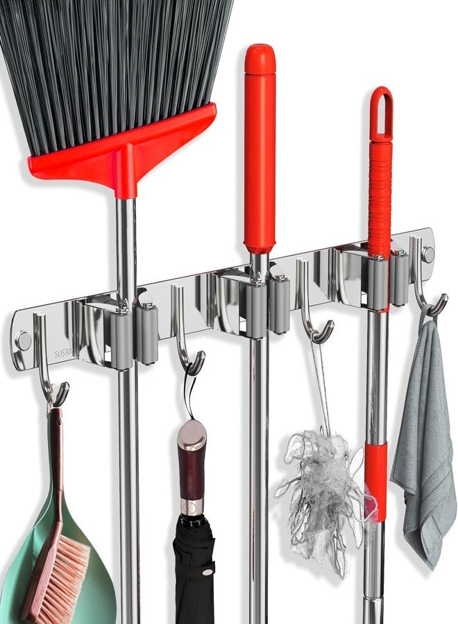 INDIANCODES Broom Mop Holder wall mounted Heavy Duty wall mount Storage Rack stick, Multi-Purpose Hanger Stand for Kitchen, Bathroom, Garden, Garage Stainless Steel 3 Shelfs and 4 Hooks - Image 1