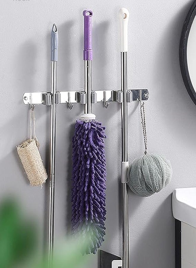 INDIANCODES Broom Mop Holder wall mounted Heavy Duty wall mount Storage Rack stick, Multi-Purpose Hanger Stand for Kitchen, Bathroom, Garden, Garage Stainless Steel 3 Shelfs and 4 Hooks - Image 2