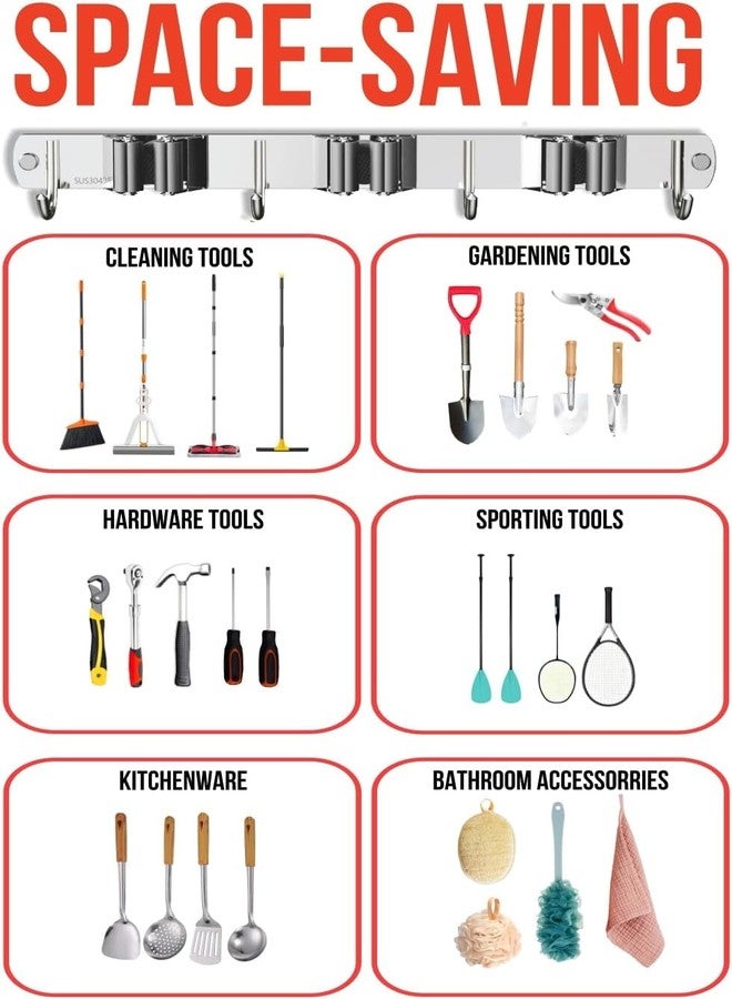 INDIANCODES Broom Mop Holder wall mounted Heavy Duty wall mount Storage Rack stick, Multi-Purpose Hanger Stand for Kitchen, Bathroom, Garden, Garage Stainless Steel 3 Shelfs and 4 Hooks - Image 5