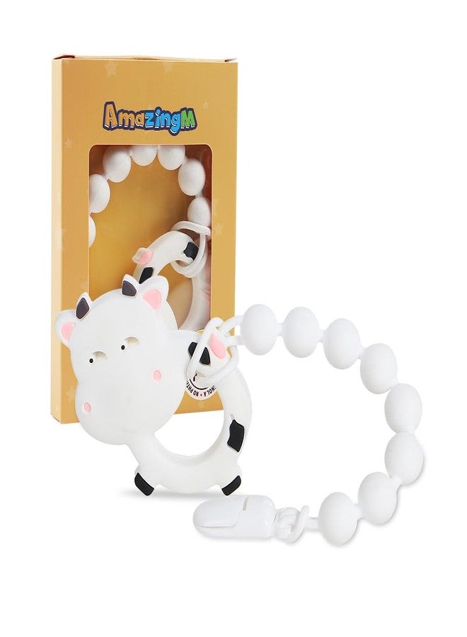 AmazingM Baby Food Grade Silicone Teether Toy with One Piece Design Pacifier Clip Holder,Teething Pain Relief Toys Gift Set for 3 Months+ Boys and Girls,Freezer Safe,BPA Free. (Cow) - Image 1
