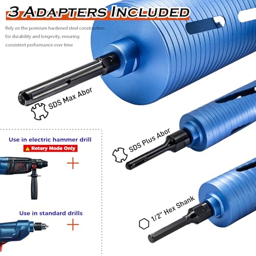 DaduoRi 2" Dry Core Drill Bit for Brick and Block with 3 Adapters Included: SDS Plus, SDS Max and 1/2" Hex Shank, 9.5" Drilling Depth Core Bits for Concrete, Brick, Masonry, 5/8"-11 Thread - Image 4