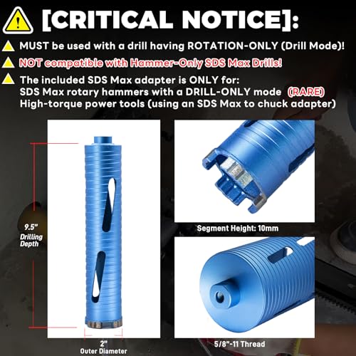 DaduoRi 2" Dry Core Drill Bit for Brick and Block with 3 Adapters Included: SDS Plus, SDS Max and 1/2" Hex Shank, 9.5" Drilling Depth Core Bits for Concrete, Brick, Masonry, 5/8"-11 Thread - Image 2