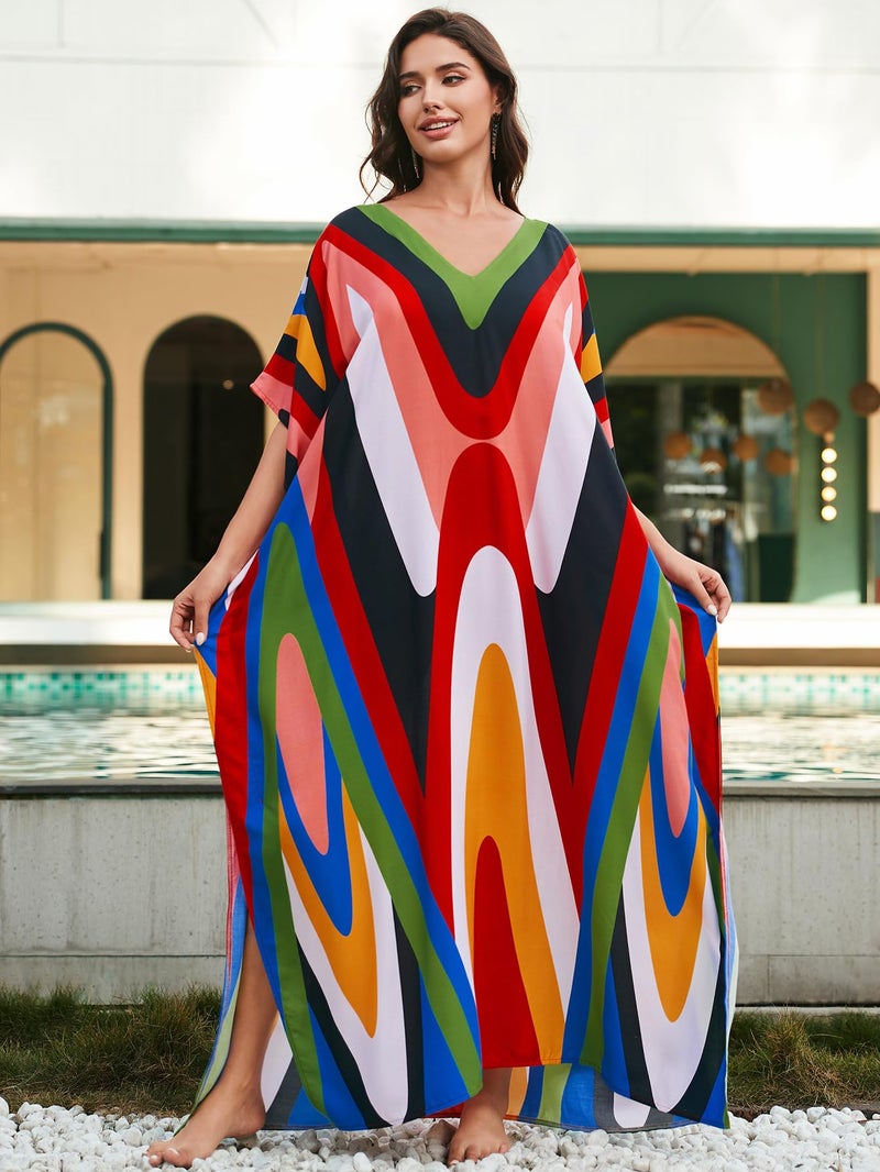 IMAGEKOPE Women's Plus Size Loose Fit Moroccan Print V-Neck Batwing Kaftan Beach Dress Bathing Suit Cover Up - Image 3
