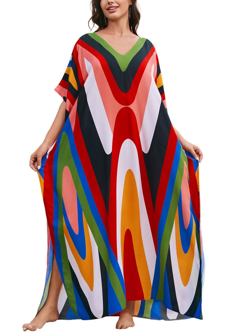 IMAGEKOPE Women's Plus Size Loose Fit Moroccan Print V-Neck Batwing Kaftan Beach Dress Bathing Suit Cover Up - Image 1