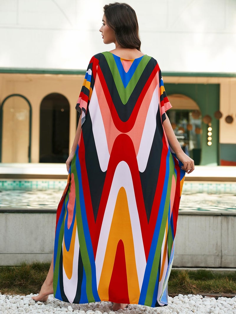 IMAGEKOPE Women's Plus Size Loose Fit Moroccan Print V-Neck Batwing Kaftan Beach Dress Bathing Suit Cover Up - Image 4