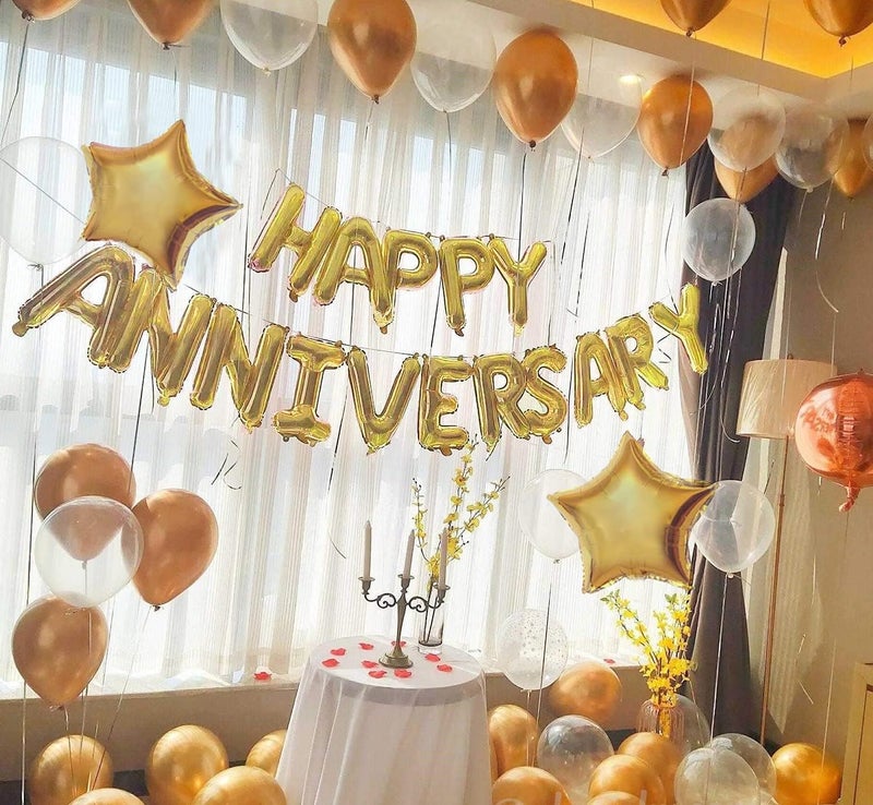 1iAM Happy Anniversary Decoration Combo Pack of 28 - 3pcs Foil Balloons, 28pcs Confetti & Metallic Balloons, 1pc Ribbon for Romantic Anniversary Decoration - Image 1