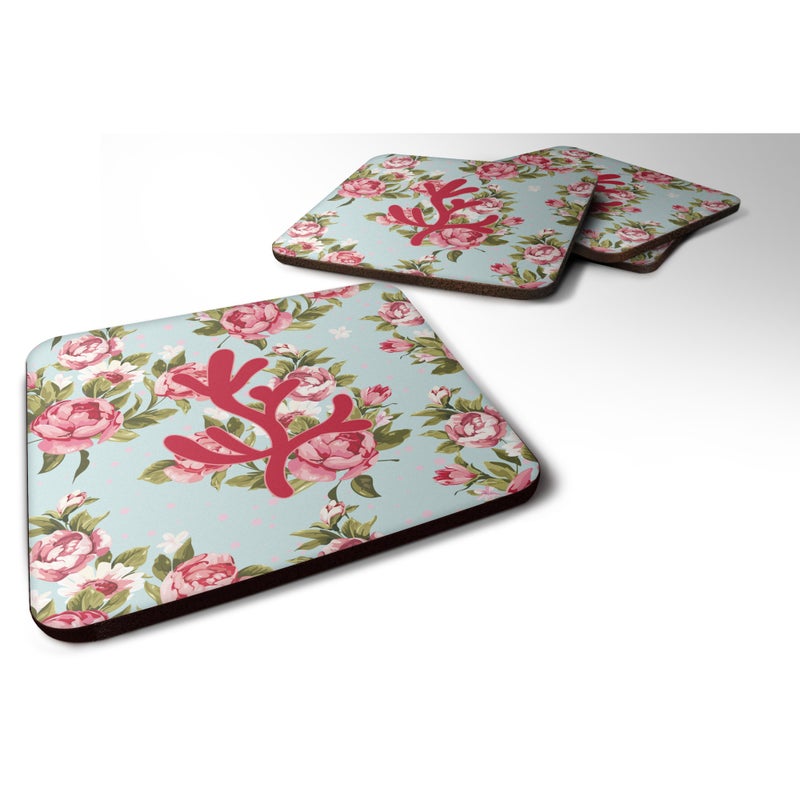 Caroline's Treasures ""Caroline's Treasures BB1103-RS-BU-FC Coral Shabby Chic Blue Roses Foam Coasters (Set of 4)  3.5"""" H x 3.5"""" W  Multicolor"" 