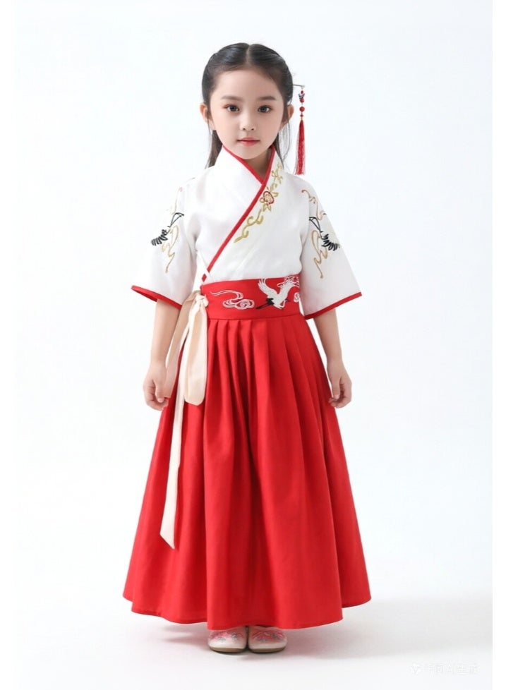 liannaner Brand Name Kids Hanfu Dress, White and Red Crane Embroidery Traditional Chinese Costume for Girls, Ancient Style Tang Suit for Cosplay, Stage Performance, Ages 3-12 - Image 1