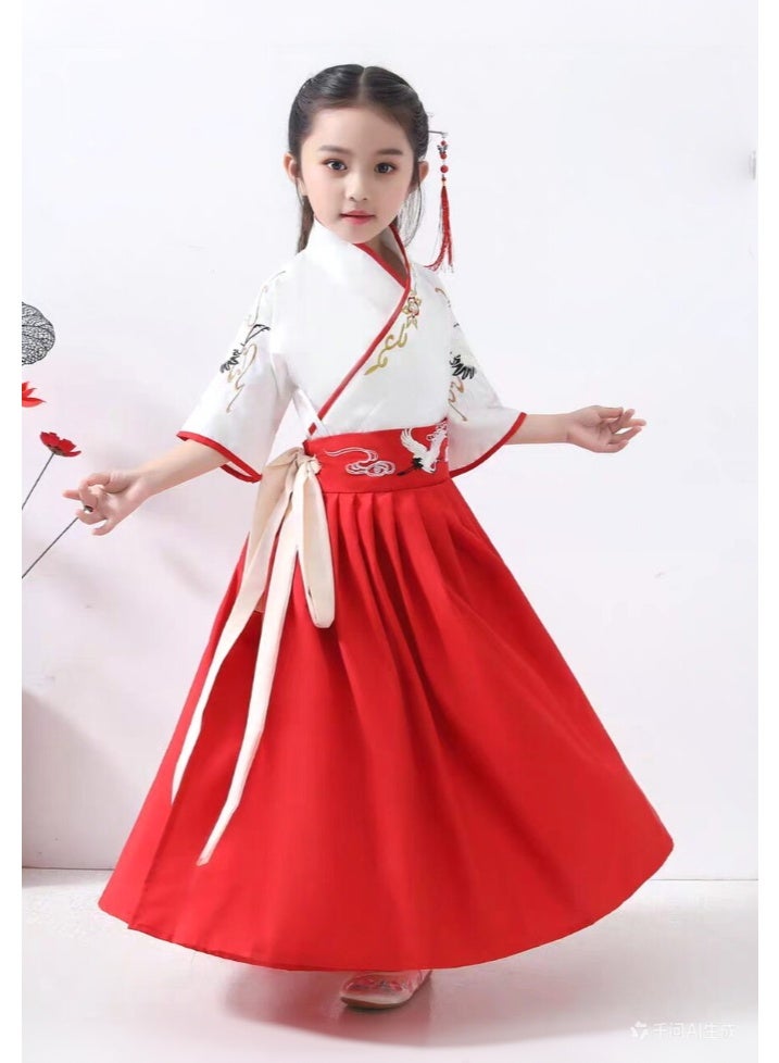 liannaner Brand Name Kids Hanfu Dress, White and Red Crane Embroidery Traditional Chinese Costume for Girls, Ancient Style Tang Suit for Cosplay, Stage Performance, Ages 3-12 - Image 3