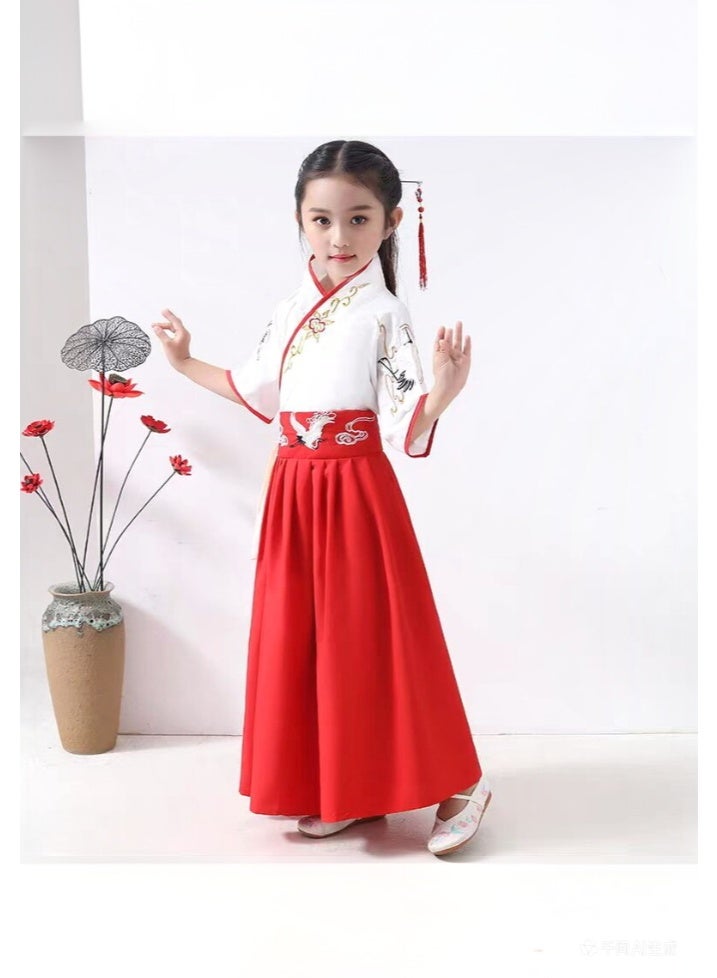 liannaner Brand Name Kids Hanfu Dress, White and Red Crane Embroidery Traditional Chinese Costume for Girls, Ancient Style Tang Suit for Cosplay, Stage Performance, Ages 3-12 - Image 2