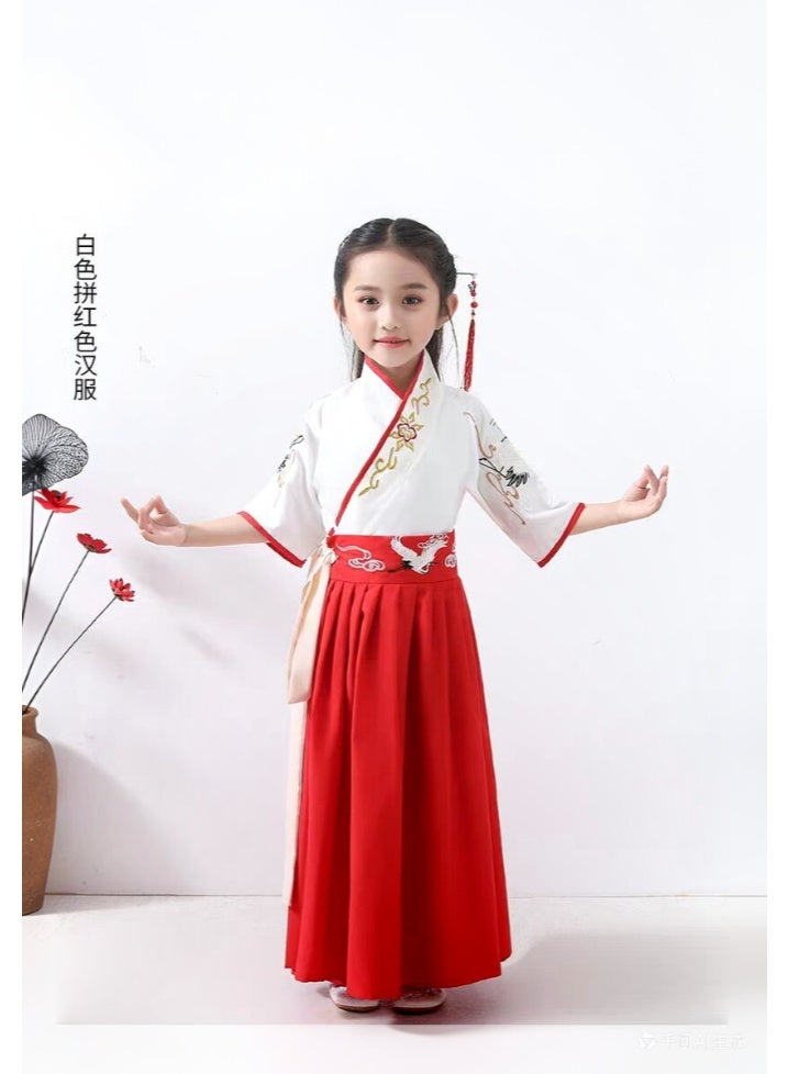 liannaner Brand Name Kids Hanfu Dress, White and Red Crane Embroidery Traditional Chinese Costume for Girls, Ancient Style Tang Suit for Cosplay, Stage Performance, Ages 3-12 - Image 4