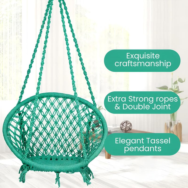 ORILEY Hanging Swing Chair Rope Hammock Cotton Jhula with Accessories Balcony Living Room Indoor Outdoor 120kg Capacity Suitable for Kids and Adults (Pack of 1, 20x20x65”, Green) - Image 3