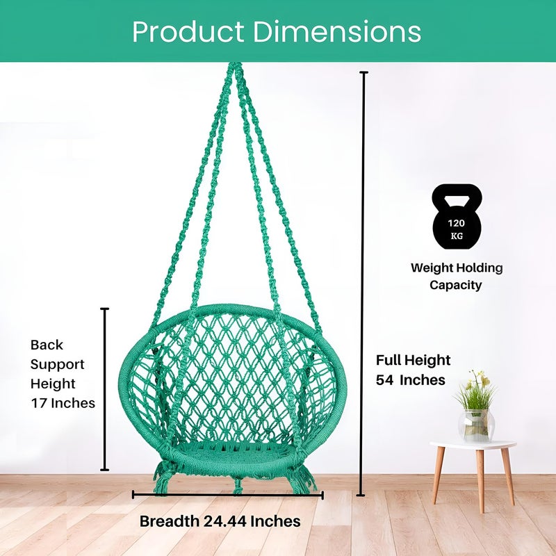 ORILEY Hanging Swing Chair Rope Hammock Cotton Jhula with Accessories Balcony Living Room Indoor Outdoor 120kg Capacity Suitable for Kids and Adults (Pack of 1, 20x20x65”, Green) - Image 2