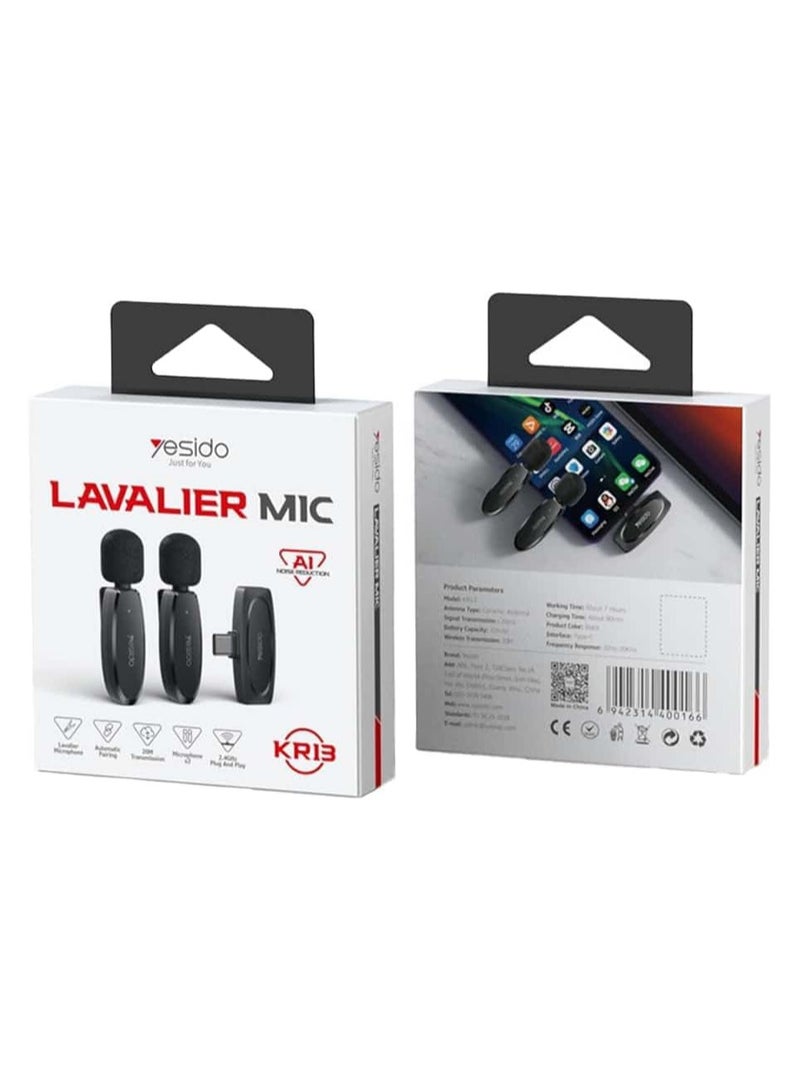 يسيدو مايكروفون لاسلكي مزدوج، موصل Type-C Yesido KR13 أسود - Image 1