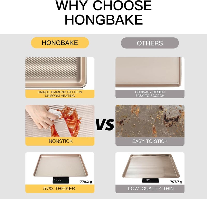 HONGBAKE Jelly Roll Baking Sheet Pan - Commercial Cookie Sheet for Baking with Diamond Texture Surface, 57% Thicker Carbon Steel Nonstick Cooking Tray for Oven, Champagne Gold - Image 3