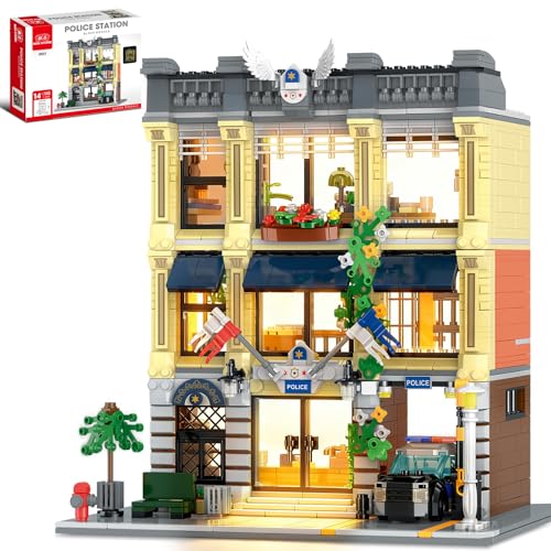Mov stone City Police Station Building Set Compatible with Lego Retro Modular 3Story Architecture with LED Lights Realistic Street Scene Display for Adults Teens 1445 Pieces - Image 1