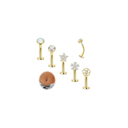REVOLIA 5Pcs 14G Surgical Steel Floating Belly Button Rings for Women Flat Back Petite Belly Ring Opal Flower CZ Small Navel Rings Internally Threaded Belly Piercing Jewelry 8/10/12/14mm Gold 12mm - Image 1