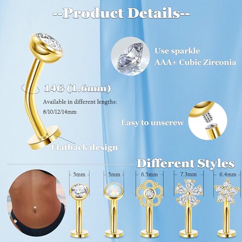 REVOLIA 5Pcs 14G Surgical Steel Floating Belly Button Rings for Women Flat Back Petite Belly Ring Opal Flower CZ Small Navel Rings Internally Threaded Belly Piercing Jewelry 8/10/12/14mm Gold 12mm - Image 3