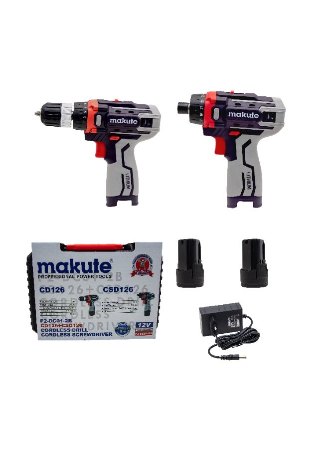 Makute P2-DC01-2B 12V Cordless Drill & Screwdriver Set, 23Nm Torque, 450–1450RPM, 8-10mm Chuck, 6.3mm Hex Driver, 60min Fast Charge - Image 1