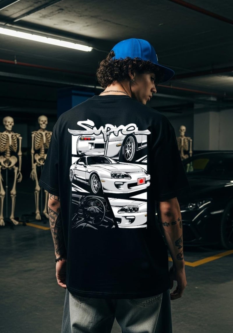 THALASI Mens Black Pure Cotton Oversized Tshirt for Man|Half Sleeve Down Shoulder Supra Back Printed Round Neck Oversized T Shirt for Men Car Tshirt for Men's & Gym T Shirts for Mans Workout - Image 2