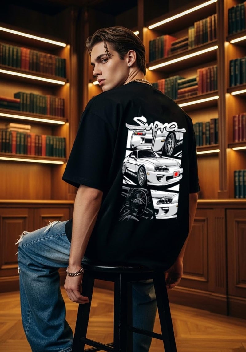 THALASI Mens Black Pure Cotton Oversized Tshirt for Man|Half Sleeve Down Shoulder Supra Back Printed Round Neck Oversized T Shirt for Men Car Tshirt for Men's & Gym T Shirts for Mans Workout - Image 5