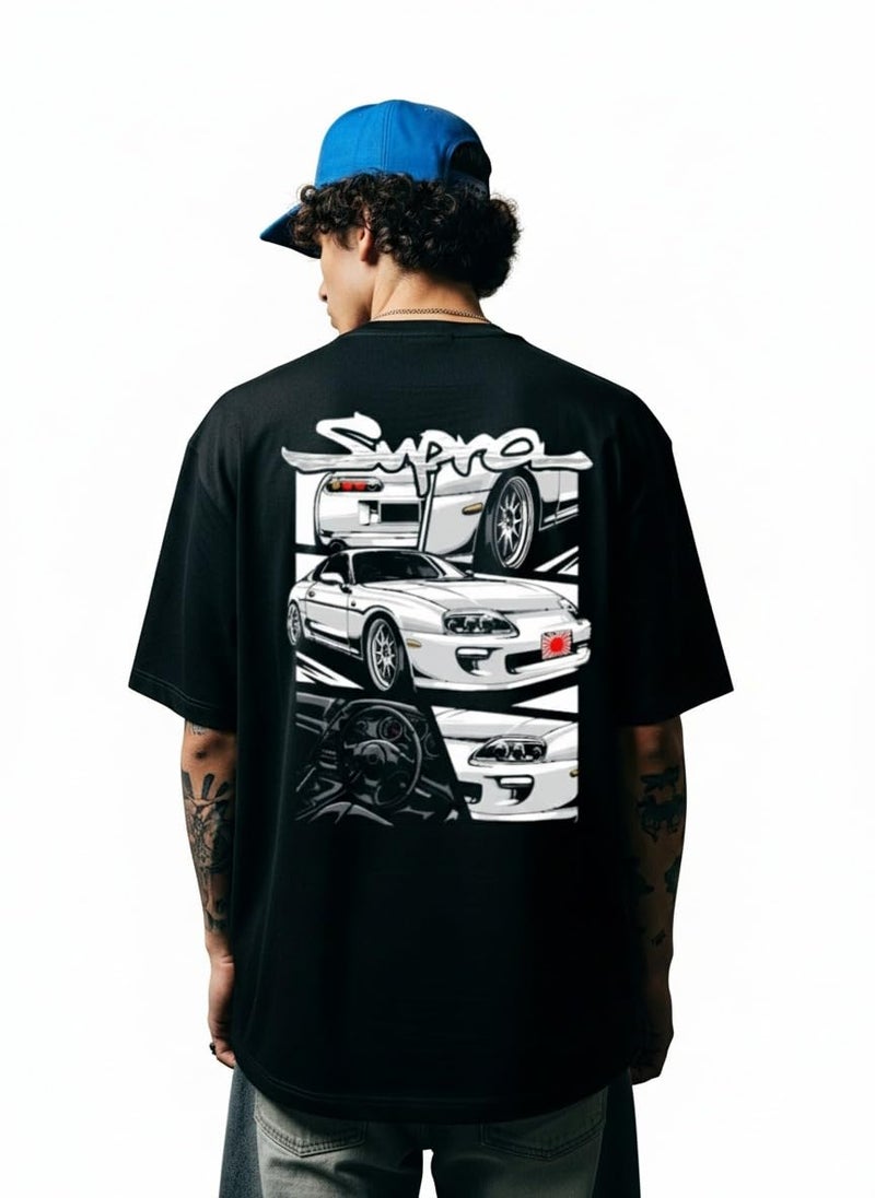 THALASI Mens Black Pure Cotton Oversized Tshirt for Man|Half Sleeve Down Shoulder Supra Back Printed Round Neck Oversized T Shirt for Men Car Tshirt for Men's & Gym T Shirts for Mans Workout - Image 1