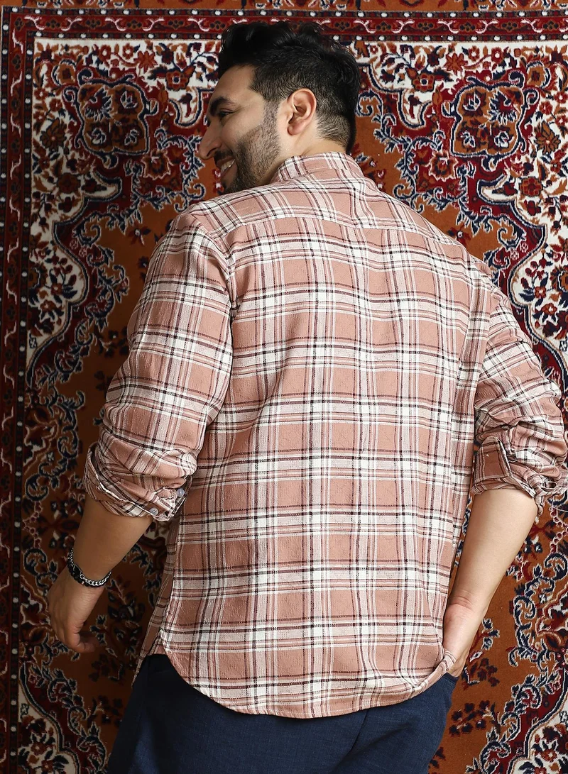 Instafab Plus Instafab Plus Men's Camel Brown Tactile-Check Regular Shirt For Casual Wear | Spread Collar | Long Cuffed Sleeves | Button Closure | Plus Size Shirt Crafted With Comfort Fit For Everyday Wear