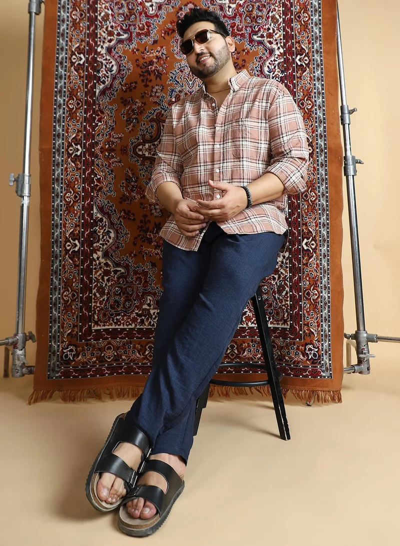 Instafab Plus Instafab Plus Men's Camel Brown Tactile-Check Regular Shirt For Casual Wear | Spread Collar | Long Cuffed Sleeves | Button Closure | Plus Size Shirt Crafted With Comfort Fit For Everyday Wear
