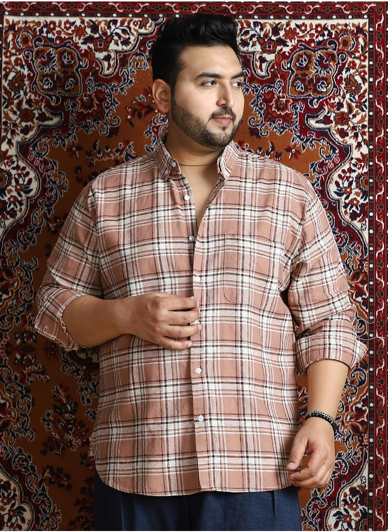 انستافاب بلس Instafab Plus Men's Camel Brown Tactile-Check Regular Shirt For Casual Wear | Spread Collar | Long Cuffed Sleeves | Button Closure | Plus Size Shirt Crafted With Comfort Fit For Everyday Wear