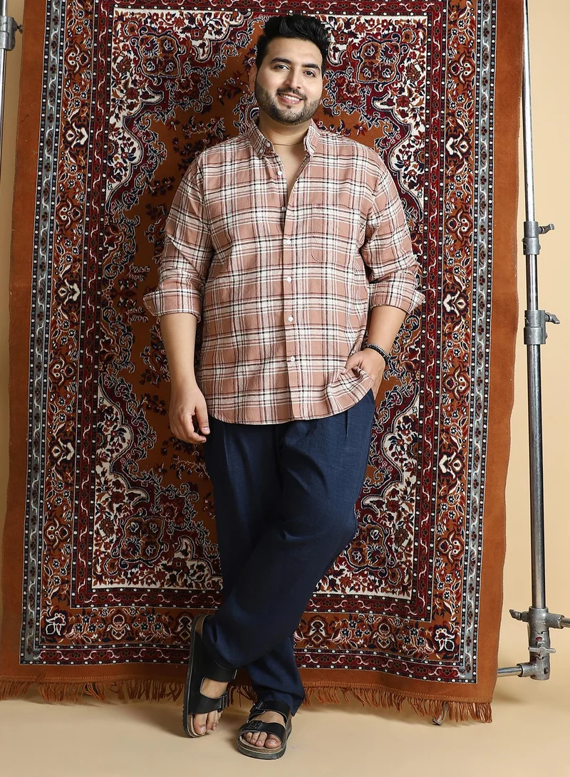 Instafab Plus Instafab Plus Men's Camel Brown Tactile-Check Regular Shirt For Casual Wear | Spread Collar | Long Cuffed Sleeves | Button Closure | Plus Size Shirt Crafted With Comfort Fit For Everyday Wear