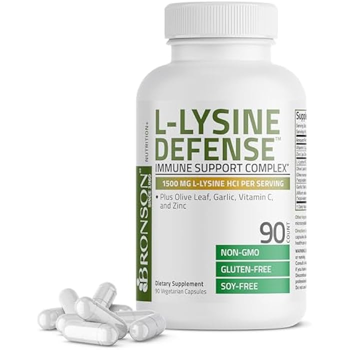 Bronson L-Lysine Defense Immune Support Complex 1500 MG L-Lysine Plus Olive Leaf, Garlic, Vitamin C and Zinc - Non-GMO, 90 Vegetarian Capsules - Image 1