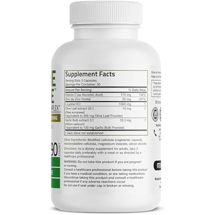 Bronson L-Lysine Defense Immune Support Complex 1500 MG L-Lysine Plus Olive Leaf, Garlic, Vitamin C and Zinc - Non-GMO, 90 Vegetarian Capsules - Image 2