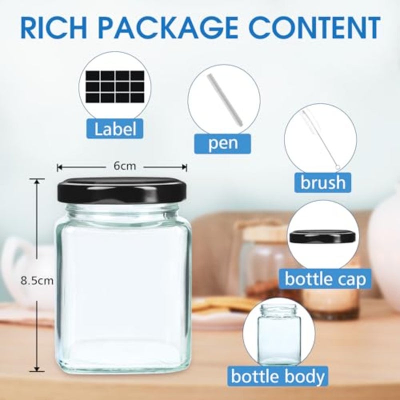 12 Pack 8oz Square Glas Jars with Airtight Black Lids, Labels and Cleaning Brush, Small Mason Jars for Spices, Jam, honey, Jelly, DIY Gifts, Wedding Favors - Image 2