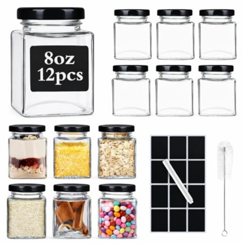 12 Pack 8oz Square Glas Jars with Airtight Black Lids, Labels and Cleaning Brush, Small Mason Jars for Spices, Jam, honey, Jelly, DIY Gifts, Wedding Favors - Image 1
