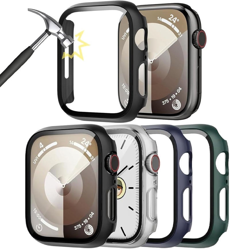 LYAROMIS عبوة مكونة من 4 حالات لساعة Apple Watch، غطاء واقي مقاوم للصدمات مزود بحامي شاشة من الزجاج المقوى، مناسب للسلسلات 9/8/7/SE/6/5/4/3/2/1 (الألوان: أسود، شفاف، أزرق داكن، أخضر داكن، 40 مم) - Image 1