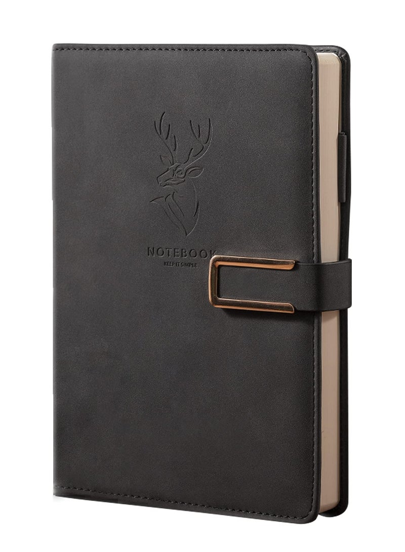 360P Super Thick Business Notebook A5 Buckle Sheepskin Notepad with Deer Head Design -  PU Leather Hardcover Journal, Diary - Perfect Gift （Black） - Image 1