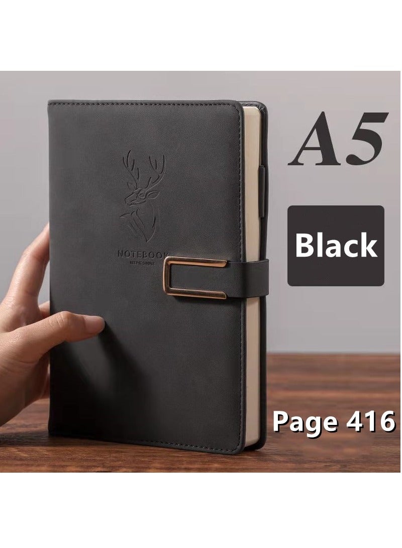 360P Super Thick Business Notebook A5 Buckle Sheepskin Notepad with Deer Head Design -  PU Leather Hardcover Journal, Diary - Perfect Gift （Black） - Image 2