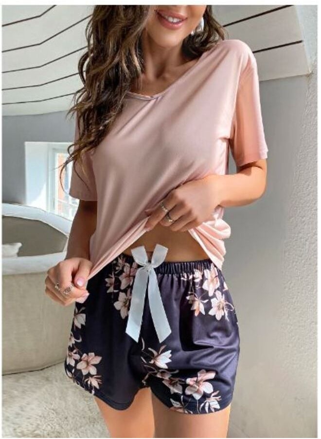 Shein - Floral Print Tie Front PJ Set - Image 1