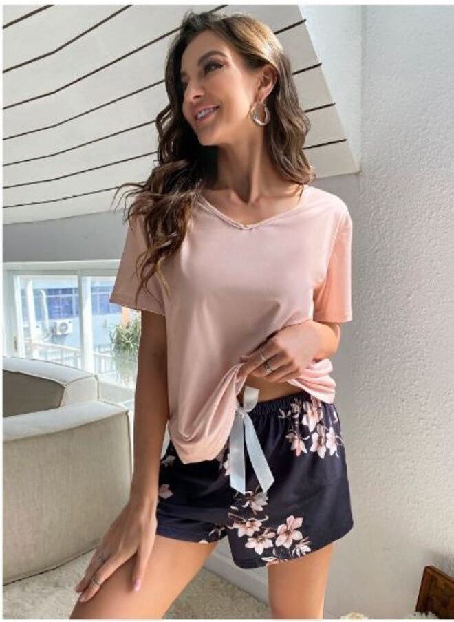 Shein - Floral Print Tie Front PJ Set - Image 1