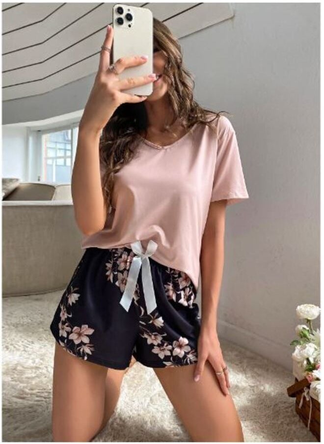 Shein - Floral Print Tie Front PJ Set - Image 1