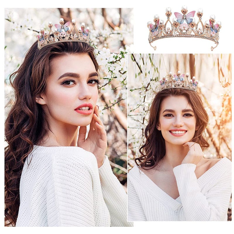 Simxen Crystal Tiara Crown Pearl Princess Costume Crown Headband Flower Pageant Handmade Hair Accessories Cosplay,Birthday,Celebration for Girl Women - Image 1
