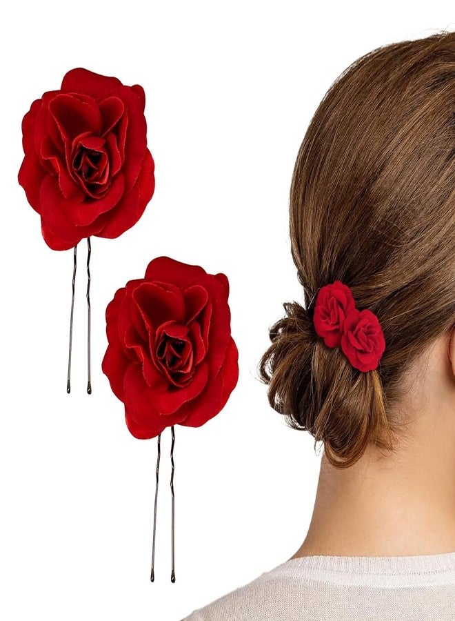 Multibrite Small Red Rose Hair Clip, Bobby Pins for Thick & Thin Hair, Artificial Flower Clips for Wedding, Party & Casual Days, Juda U Pins, Stylish Hair Accessories for Women's and Girls (2 Pcs) - Image 1