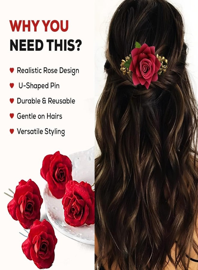 Multibrite Small Red Rose Hair Clip, Bobby Pins for Thick & Thin Hair, Artificial Flower Clips for Wedding, Party & Casual Days, Juda U Pins, Stylish Hair Accessories for Women's and Girls (2 Pcs) - Image 2