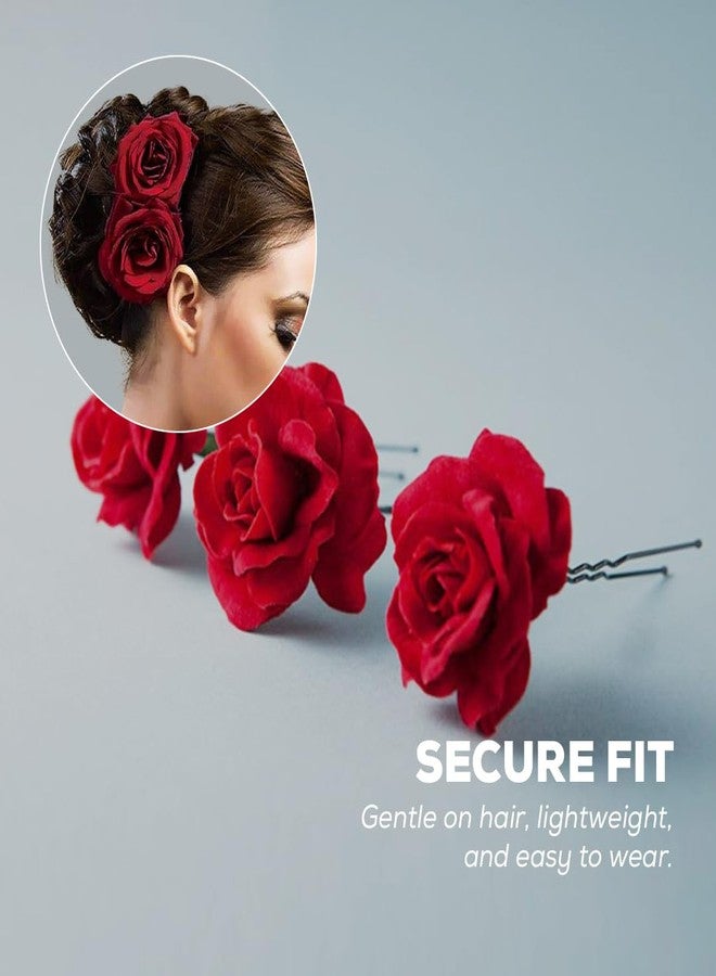 Multibrite Small Red Rose Hair Clip, Bobby Pins for Thick & Thin Hair, Artificial Flower Clips for Wedding, Party & Casual Days, Juda U Pins, Stylish Hair Accessories for Women's and Girls (2 Pcs) - Image 5