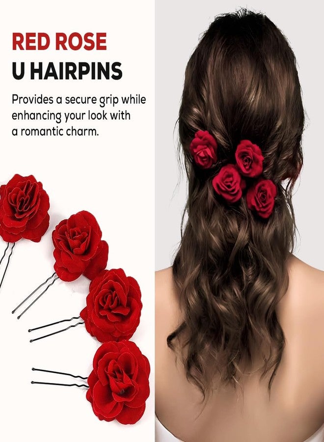 Multibrite Small Red Rose Hair Clip, Bobby Pins for Thick & Thin Hair, Artificial Flower Clips for Wedding, Party & Casual Days, Juda U Pins, Stylish Hair Accessories for Women's and Girls (2 Pcs) - Image 4